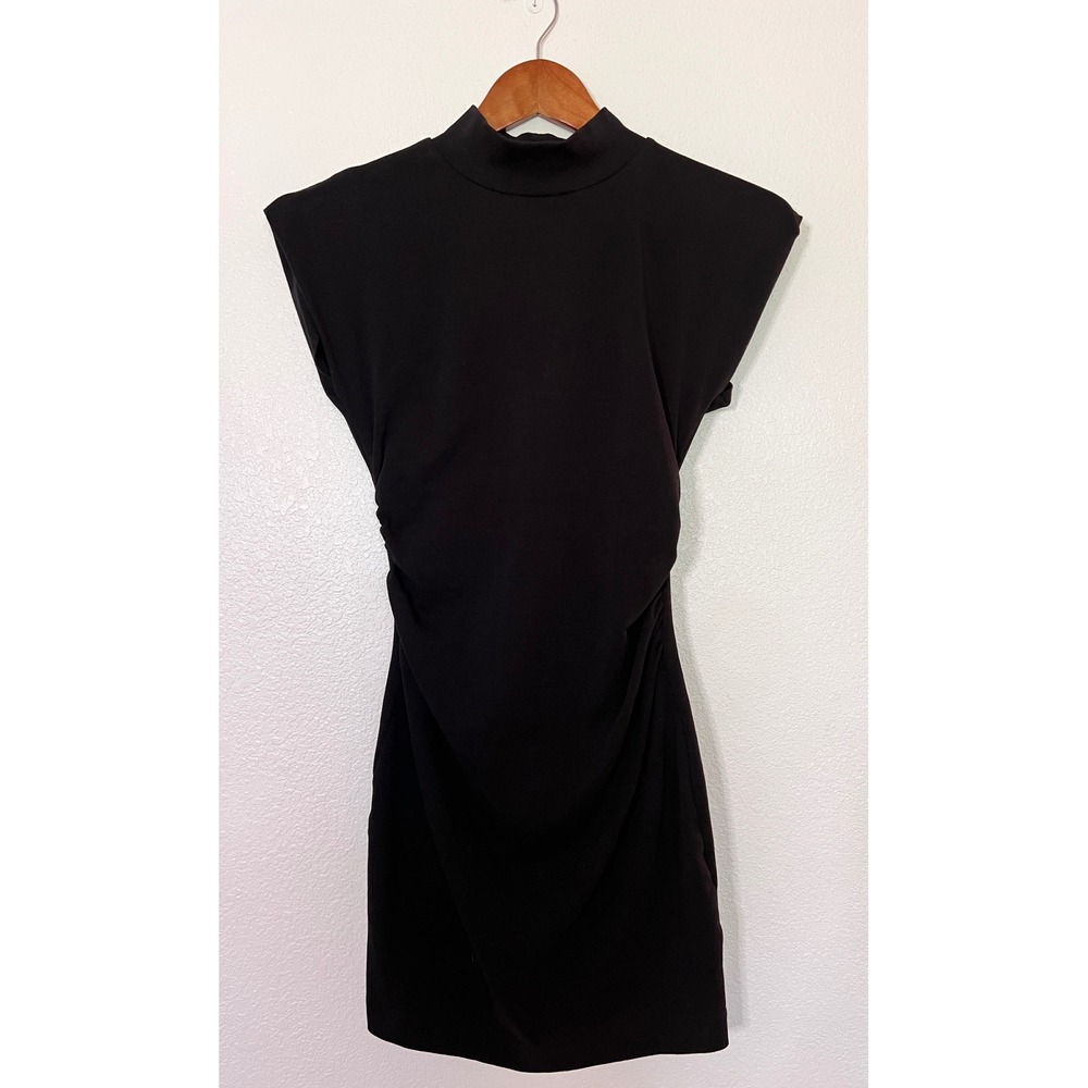 Zara‎ Black Mock Neck Ruched Mini Dress Structured Shoulders Bodycon Size S
